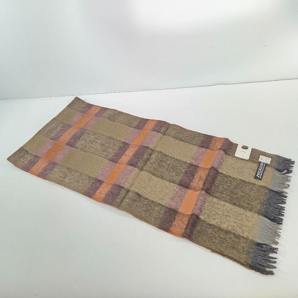 Vintage 92% Merino Wool Brown Plaid Scarf NWT